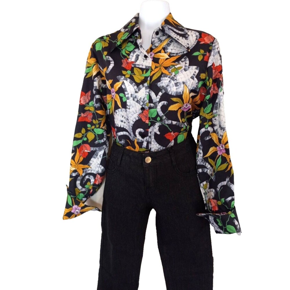 70's Contessa Monique Florence Alper Floral Dagger Collar Cuffed Shirt Size 10